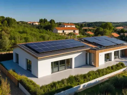Une **petite maison passive** moderne avec des panneaux solaires sur le toit, entourée de verdure et de collines.