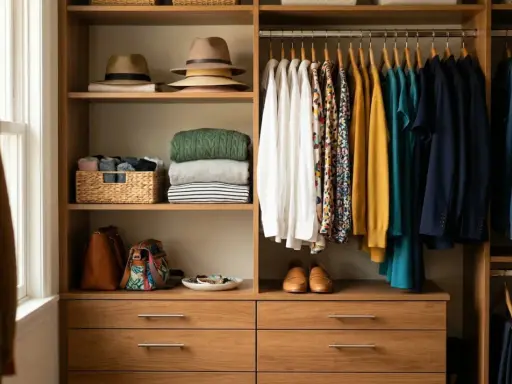 Un dressing bien rangé avec des chapeaux, des pulls pliés, des sacs et des vêtements suspendus. Idéal pour ranger son dressing.