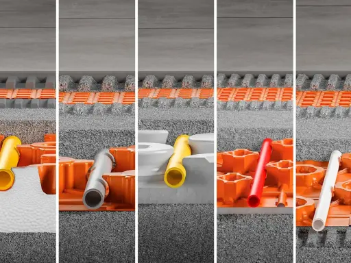 Coupes montrant l'installation du chauffage au sol. Des tubes de différentes couleurs (jaune, gris, rouge, blanc) sont intégrés dans des panneaux orange, sous un revêtement de sol.