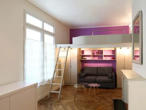 Un studio optimisé de plan 20m2 avec lit mezzanine, canapé, étagères violettes et échelle.