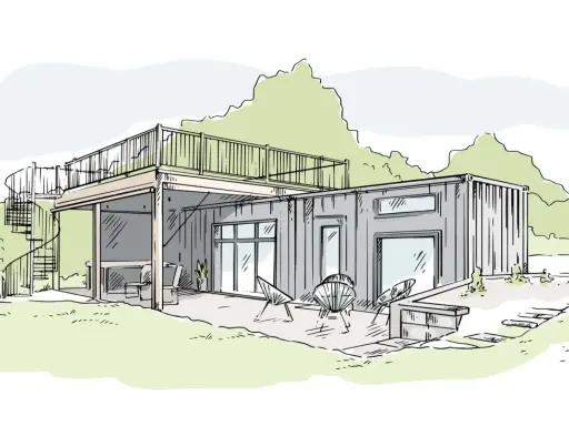 Une maison container moderne avec terrasse et escalier en colimaçon. Un design épuré pour une habitation contemporaine.
