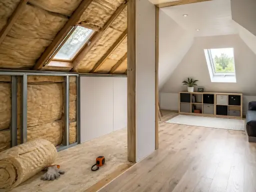Aménagement de combles : isolation en laine de verre, murs en plaques de plâtre et sol en OSB. Fenêtres de toit et étagères.