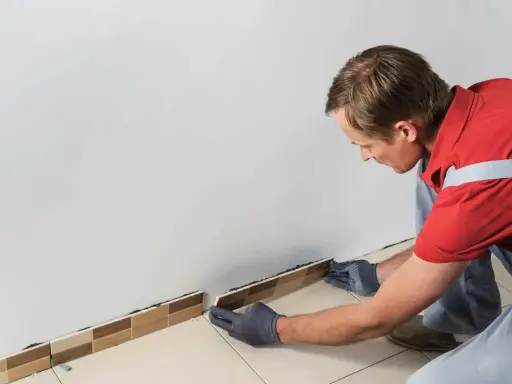 Un homme en tenue de travail enfile des gants pour enlever la plinthe du carrelage.