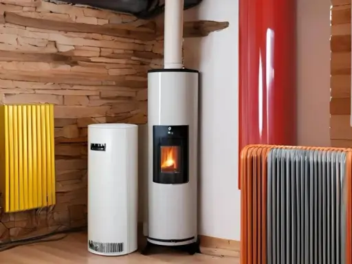 Plusieurs appareils de chauffage, dont des poêles à granulés et des radiateurs, sont alignés sur un mur en pierre. Un système de chauffage naturel pour un intérieur cosy.
