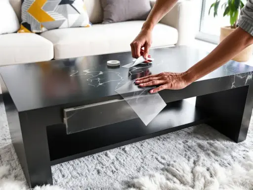 Mains appliquant un film adhésif marbré pour customiser une table basse noire.