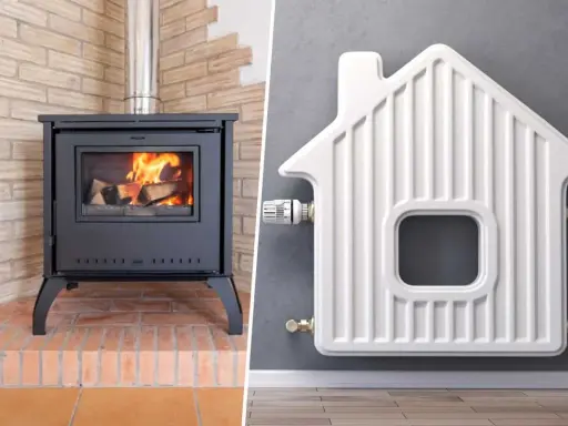 Poêle à bois et radiateur en forme de maison, symbolisant le raccordement poêle bouilleur chauffage central pour un confort optimal.