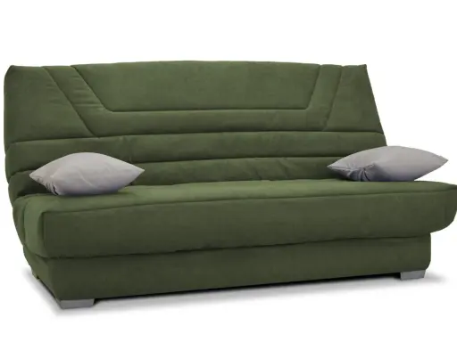 Canapé convertible vert kaki, deux coussins gris, taille clic clac standard. Parfait pour un petit espace.