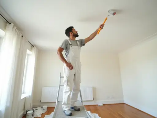 Peintre en bâtiment sur un escabeau, appliquant de la peinture au rouleau sur un plafond. Il est difficile de dire combien de temps pour peindre un plafond de 50m2.