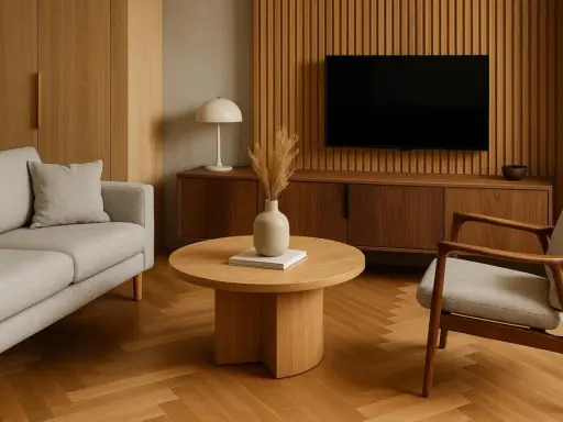 Comment aménager un salon en L : un canapé gris, une table basse en bois, un fauteuil et un meuble TV sur fond de lambris.