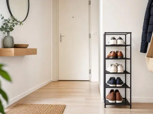 Étagère à chaussures bien rangée, parfaite pour ranger ses chaussures dans un couloir lumineux.