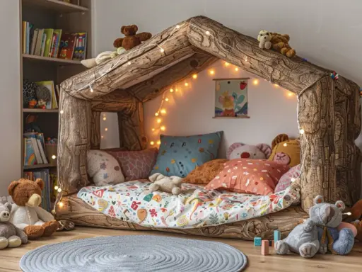 Un lit cabane en bois, décoré de guirlandes lumineuses, invite au jeu et à la lecture. Une belle idée pour une chambre d'enfant.