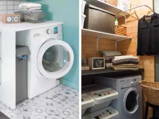 Aménagement d'une buanderie cellier fonctionnelle avec lave-linge, paniers à linge et rangements organisés.