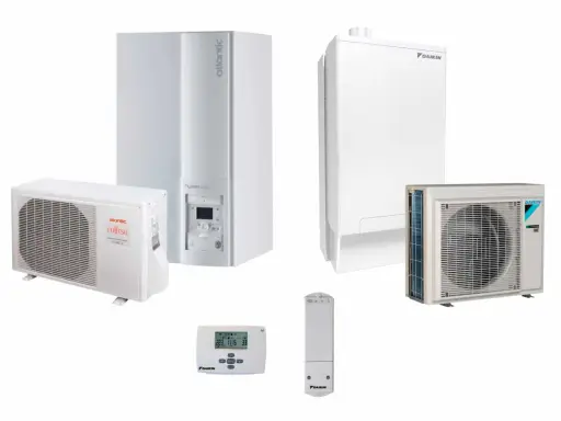 Deux unités intérieures de pompe à chaleur hybride sans unité extérieure, avec une unité extérieure Daikin et une unité extérieure Atlantic Fujitsu.