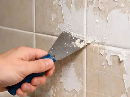 Main tenant enlever peinture sur carrelage avec une spatule. La peinture s'écaille sur les carreaux beiges.