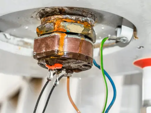 Gouttes d'eau tombant d'une chaudière qui fuit par le bas, signe de corrosion et de problèmes imminents.
