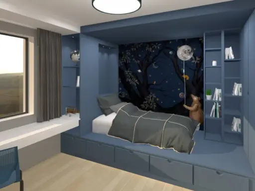 Idée pour aménager petite chambre enfant : lit intégré avec rangements, mur étoilé, ours en peluche et vue sur la campagne.