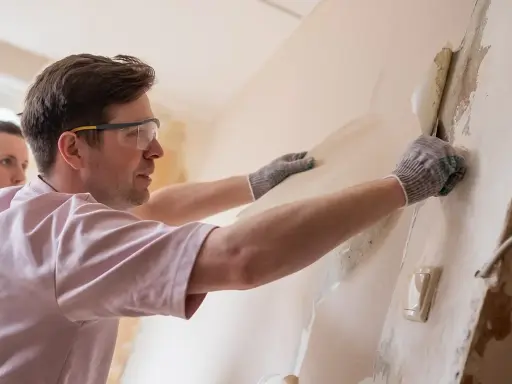 Un homme avec des lunettes de protection et des gants commence à décoller du vieux papier peint d'un mur, une femme l'observe.