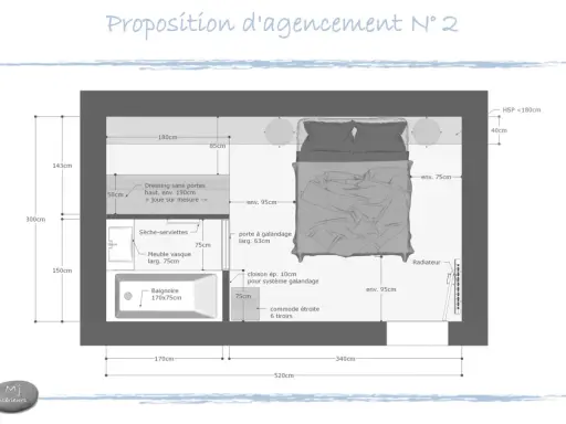 Plan d'une suite parentale de 15m2 avec dressing, salle de bain et chambre. L'agencement optimise l'espace.