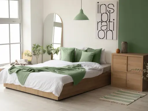 Chambre au nord lumineuse avec murs blancs et un mur vert sauge. Le lit est orné de coussins et d'une couverture vert menthe, apportant une touche de fraîcheur.
