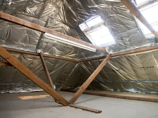 Isolation argentée sous les combles, avec poutres en bois et fenêtres de toit. Un système VMC sans comble est en cours d'installation.