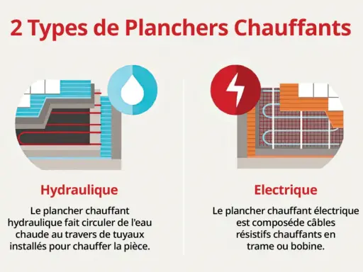Plancher chauffant hydraulique avec tuyaux d'eau chaude vs électrique avec câbles chauffants. Quelle chaudière pour plancher chauffant hydraulique ?
