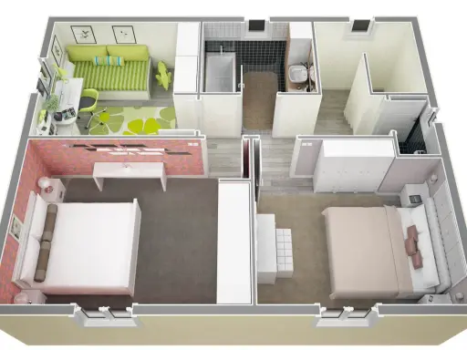 Plan d'une maison de 40m2. Le sol de cette maison de 40m2 comprend deux chambres, un salon, une salle de bain et une cuisine.