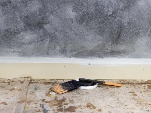 Outils pour enduire un mur abîmé : spatules et pot de mastic sur une bâche de protection au sol.
