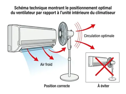 Schéma montrant comment positionner un ventilateur pour une circulation d'air optimale avec un climatiseur. Le mode fan du climatiseur est bien utilisé.