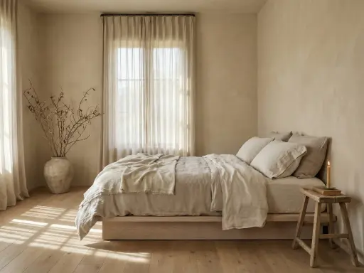 Chambre paisible aux tons sable, avec un lit douillet, des rideaux légers et une bougie. Une ambiance qui invite à se demander quelle est la meilleure couleur pour une chambre.