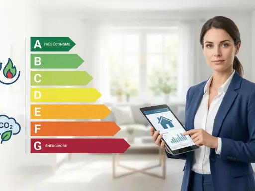 Une femme en costume bleu présente une tablette affichant des données sur la classe énergie d'une maison. L'échelle de A (très économe) à G (énergivore) est visible.