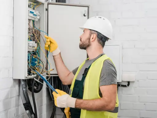 Un électricien artisan, casque blanc et gants jaunes, manipule des fils dans un tableau électrique.