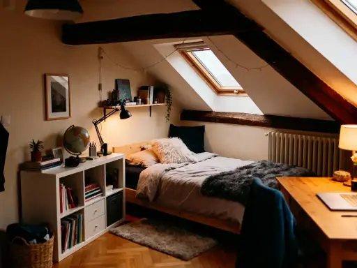 Chambre sous comble très bas, avec lit douillet, bureau et étagères. Lumière chaleureuse et poutres apparentes.