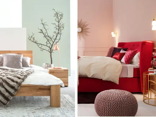 Deux ambiances pour une chambre : bois clair et vert pâle pour la douceur, ou rouge vif et rose pour l'audace. Quelle couleur conseillé pour une chambre ?