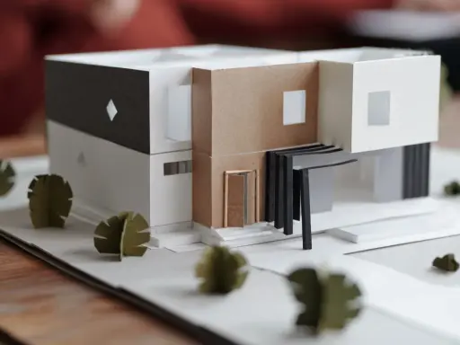 Maquette d'une maison individuelle moderne aux lignes épurées, avec des éléments en carton et des arbres stylisés.