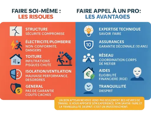 Comparer les risques du bricolage pour rénover une maison avec les avantages de faire appel à un professionnel : expertise, assurances, tranquillité.