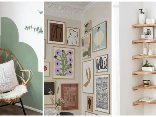 Idées pour habiller un angle de mur intérieur : fauteuil en rotin, galerie d'art murale, étagères d'angle en bois.