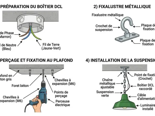Schéma expliquant comment fixer un lustre au plafond avec crochet. Il montre la préparation du boîtier DCL, le fixalustre métallique, le perçage et la fixation au plafond, et l'installation de la suspension.