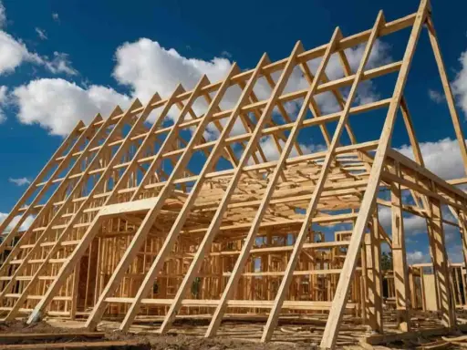 Charpente en bois d'une maison en construction, structure triangulaire sous un ciel bleu et nuageux.