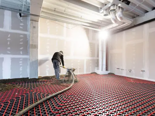 Un ouvrier installe un système de chauffage au sol hydraulique. Des tuyaux rouges serpentent sur une grille noire, prêts à diffuser une chaleur douce.