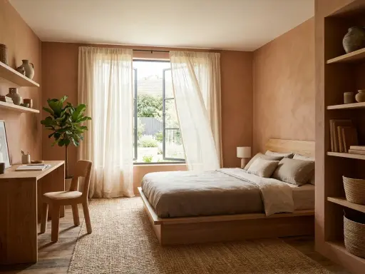 Chambre d'ado chaleureuse avec murs ocre, lit en bois, bureau et plante verte. Une belle idée décoration chambre ado pour un espace cosy et naturel.