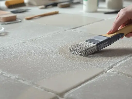 Application d'une couche de béton ciré sur du carrelage. Une main tient un pinceau pour étaler le produit sur les carreaux.