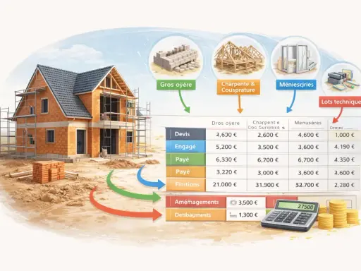 Illustration d'une maison en construction avec un tableau comparant les coûts. L'évolution du cout construction est visible à travers les différentes étapes.