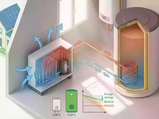Schéma d'un chauffe eau thermodynamique intérieur, montrant le circuit de chauffage et le ballon d'eau chaude.