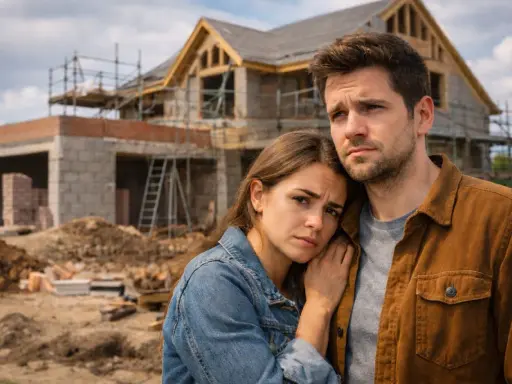 Un couple inquiet devant sa maison en construction dans les bois.