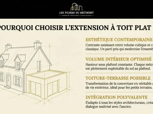 Croquis d'une maison avec une extension moderne à toit plat, illustrant les avantages de faire un toit plat pour un volume intérieur optimisé et une esthétique contemporaine.
