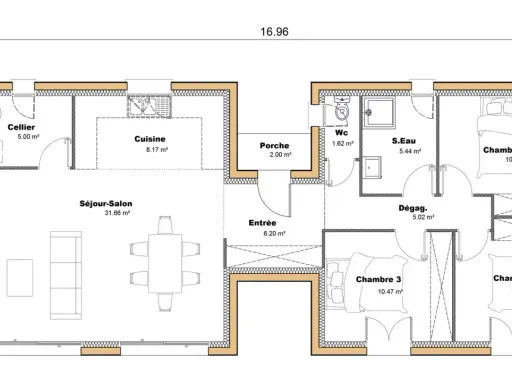 Plan de maison simple avec séjour-salon, cuisine, cellier, entrée, WC, S.Eau, et trois chambres.