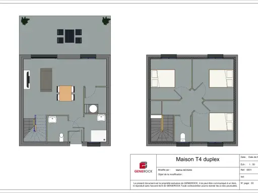 Plan d'une maison T4 duplex de 75m2 avec 2 chambres. L'étage supérieur montre les deux chambres.