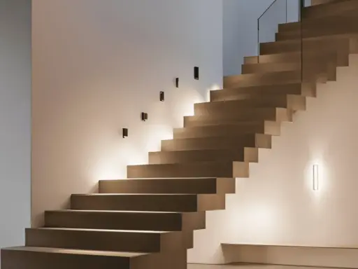 Un élégant miroir reflète la lumière douce d'une montée d'escalier moderne, créant une ambiance chaleureuse et accueillante.