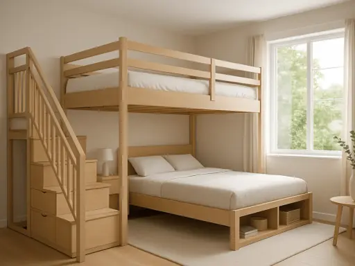 Aménagement mezzanine petit espace : lit superposé en bois clair avec escalier intégré et rangements. Idéal pour optimiser l'espace.