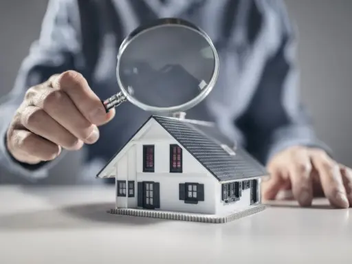 Une main examine une maquette de maison avec une loupe, symbolisant l'analyse pour un crédit construction maison.